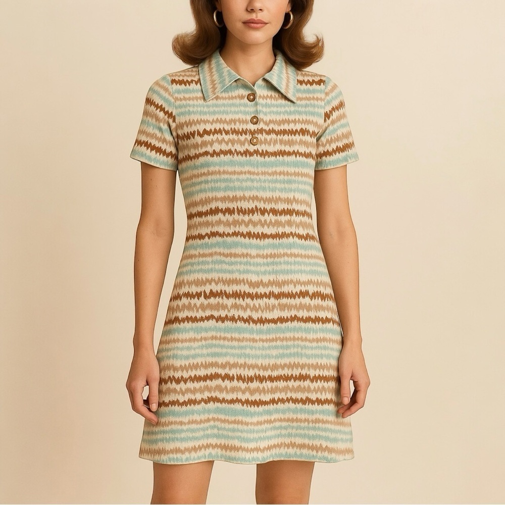 VINTAGE KIMBERLY 60s Zig Zag Stripe Mod Pointed‎ Collar Short Sleeve Dress